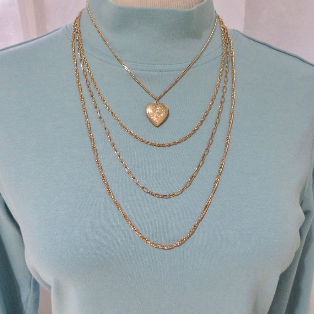 Heart Locket Necklace, Multi Chain, Gold, Gift